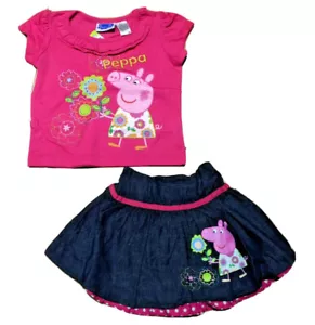 TV Peppa Pig Pink Ruffle Graphic Tee Denim Skirt Oufit Birthday Gift Size 2T - Picture 1 of 3