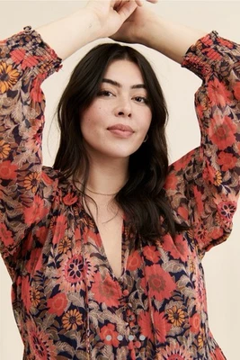 Anthropologie Marais Printed Chiffon Maxi Dress Sz L Petite Peasant Tiered Sheer - Image 1 of 4