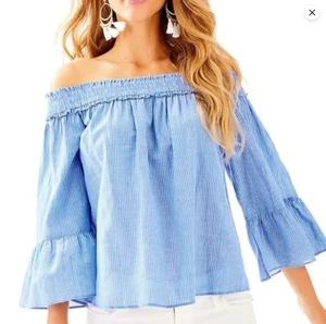 Lilly Pulitzer Moira Top Women Blue White Striped Off The Shoulder Bell Sleeve L - Picture 1 of 14