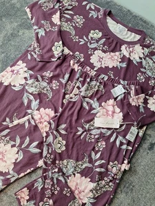 Linea Donatella 2 Pc Lounge Pj's Set Womens XL Eggplant Floral Shirt Pants Soft - Picture 1 of 12