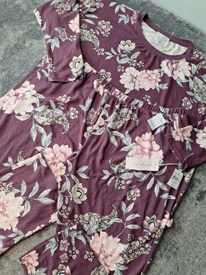 Linea Donatella 2 Pc Lounge Pj's Set Womens XL Eggplant Floral Shirt Pants Soft - Image 1 of 4
