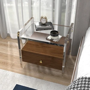 Modern Acrylic Nightstand with Walnut Drawer & Storage Shelf for Bedroom - Picture 1 of 13