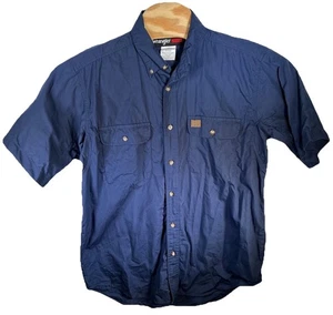 Wrangler Shirt Mens Large Navy Blue Solid Work Shirt Short Sleeve Button Up - Picture 1 of 9
