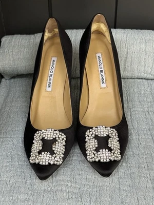 Manolo Blahnik Black Satin Crystal Buckle Hangisi Pump - Size 40 US 10 - Image 1 of 4