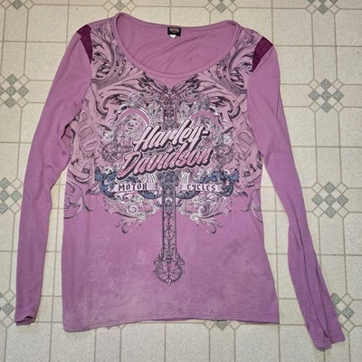 Camisa BLING HARLEY DAVIDSON Cristales Mujer Rosa Manga Larga XL Y2k Cruz EE. UU. Foto 1 de 4