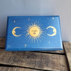 Vintage 90s Y2K Decor Blue Sun Moon Stars Celestial Trinket Jewellery Wooden Box - Picture 1 of 14