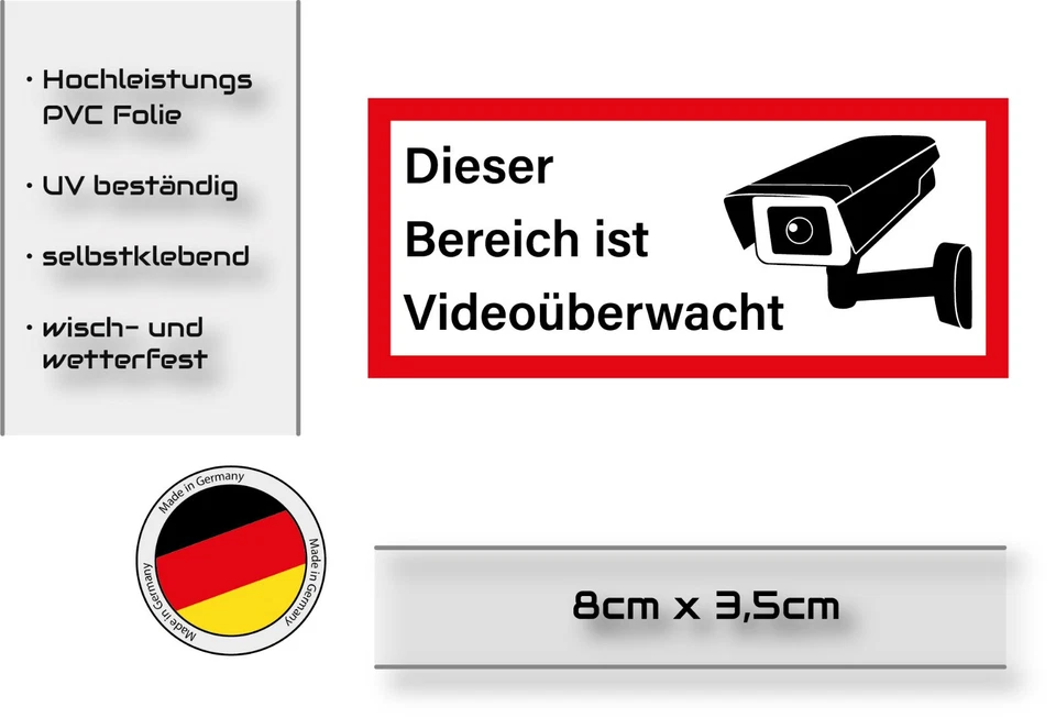 EIGENE HERSTELLUNG ACHTUNG Videoüberwachung Aufkleber Hinweisschild Warnaufkleber 8cm x 3,5cm