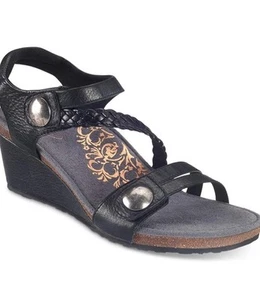 Aetrex Womens Naya Black Leather Wedge Comfort Adjustable Sandal Shoes Sz 9-9.5 - Picture 1 of 14