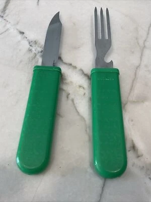 Vintage Green Camping Knife and Fork Set that side into self as  Case - Image 1 of 4