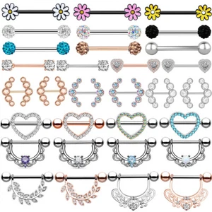 14G Nipple Bar Ring Piercing Barbell Shield Dangle Surgical Steel Gem Jewelry - Picture 1 of 155