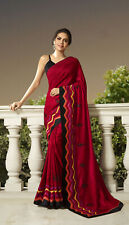 Indian Women Red Polyester Embroidery Saree Blouse Wedding Bridal Sari Wear