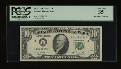 DBR 1981 $10 FRN Philadelphia Fr. 2025-C PCGS 35 Serial C14294752B - Image 1 of 2