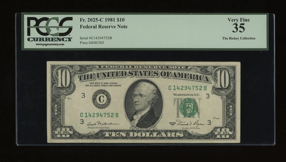 DBR 1981 $10 FRN Philadelphia Fr. 2025-C PCGS 35 serie C14294752B Foto 1 de 2