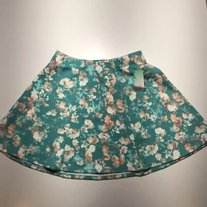 Decree Teal Peach Floral Bloom Meadow Skater Mini Skirt Elastic Waistband Size L - Picture 1 of 14