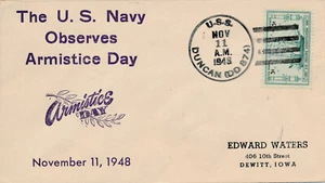 POSTAL HISTORY MILITARY NAVAL COVER -1948 USS DUNCAN DD-874 PEARL ARMISTICE DAY - Picture 1 of 1