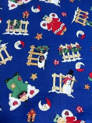 Fabric Traditions Christmas Angels Snowman Sled Fence Sheep  on Blue 3Y x 44" W - Image 1 of 4