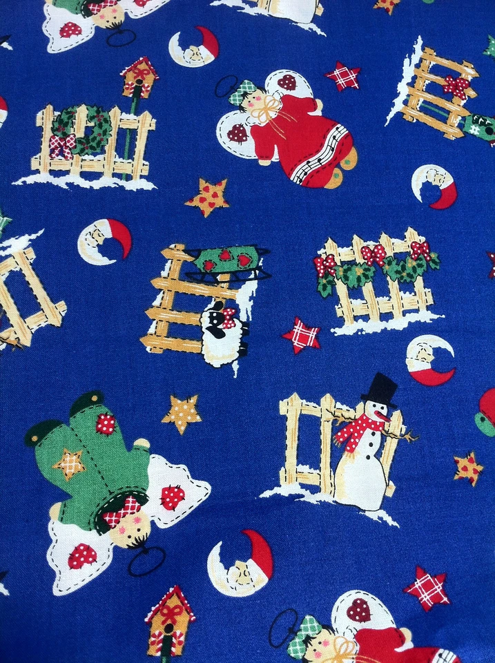 Fabric Traditions Christmas Angels Snowman Sled Fence Sheep  on Blue 3Y x 44" W - Image 1 of 4
