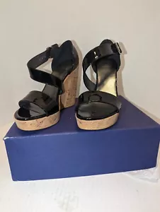 $398 Stuart Weitzman ONELINER Black Patent Leather Wedge Sandal 7.5M - Picture 1 of 8