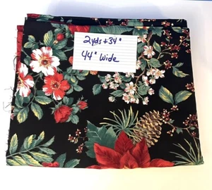 Cotton Quilting Fabric Concord Kessler Poinsettias Pinecones Christmas 2yds 34” - Picture 1 of 5