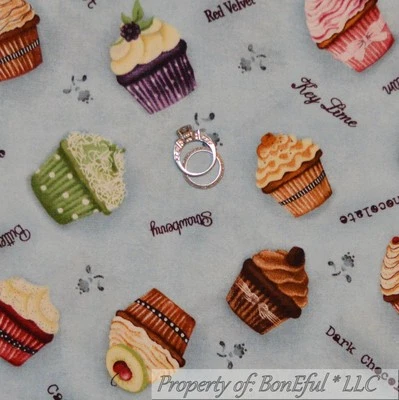 BonEful Fabric FQ Cotton Quilt VTG Blue Birthday CUP*CAKE Chocolate Cherry Berry - Image 1 of 4