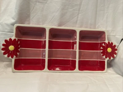 Ceramic 3 Section Appetizer Serving Dish Tray Red Flower Handles Brunch Spring - Image 1 of 4