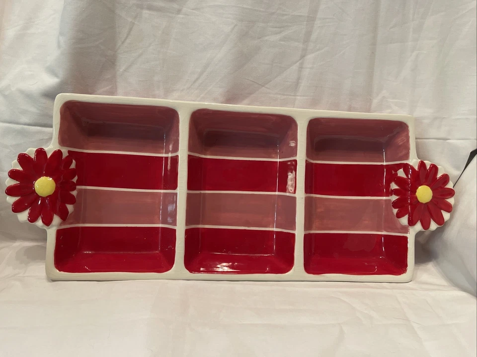 Ceramic 3 Section Appetizer Serving Dish Tray Red Flower Handles Brunch Spring - Image 1 of 4