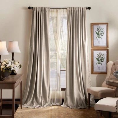 Lucca Velvet Blackout Back Tab Window Curtain Panel Pair, 84", Linen Beige - Image 1 of 4