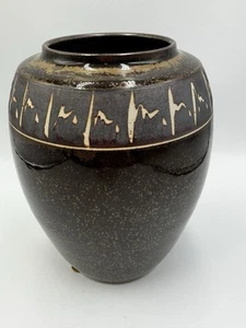 Bruning Studio Art Pottery Vase Brown Glaze With Heart Beat Designed Rim 8” Tall - Picture 1 of 7