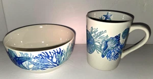 Set NEW Royal Norfolk Blue Sea Life Starfish Shell Sea Shore Coffee Cup & Bowl - Picture 1 of 4