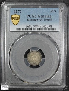 1872 Silver Three Cent Piece 3CS Almost Uncirculated PCGS AU Detail - Damage - Picture 1 of 4