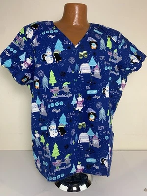 Scrubstar Womens 2XL Scrub Top Polar Bear Penguin Owls Winter Medical Vet - Image 1 of 4