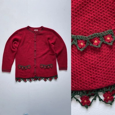 Cárdigan Vintage Años 90 Rojo Crochet / April Cornell / Talla M / Floral / Cottagecore Foto 1 de 4