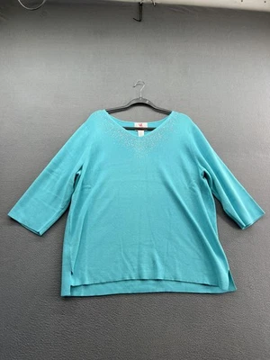 Quacker Factory Sweater Womens 1X Turquoise V-Neck Rhinestone 3/4 Sleeve Knit - Image 1 of 4