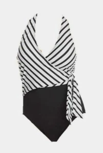 $150 Ralph Lauren Women's Black White Asymmetric-Tie One-Piece Swimsuit Size 14 - Picture 1 of 1