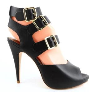 $325 CYNTHIA VINCENT ADELE Black Leather Designer Buckled Sandals 6 - Picture 1 of 6