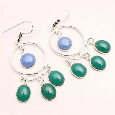 Orecchini Pendenti Fatti A Mano In Gemma Di Onice Verde 2.56" EE-042 - Immagine 1 di 4