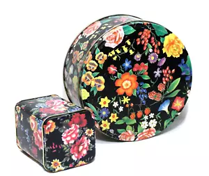 Scatole di latta in metallo nere con fiori rossi rotonde e quadrate set 2 - Foto 1 di 6
