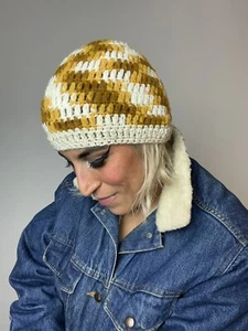 METALLIC GOLD Harvest Yellow 70’s 70s Vintage Wool Acrylic Skull Cap Beanie Hat - Picture 1 of 11