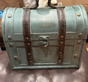 Hobby lobby wooden teal treasure chest. Riveted sebum handle - Picture 1 of 7