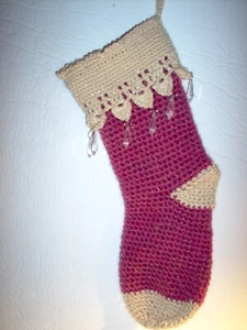 Hand crocheted Chr. stocking Victorian with jewels ..rose/tan16" #3 - Picture 1 of 4