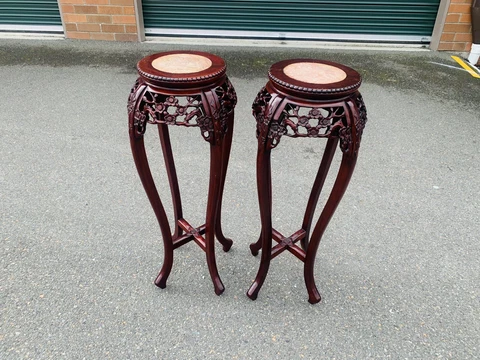 Beautiful Pair of Oriental Chinese Rosewood Pedestal Plant Stand W/ Granite Top Cover