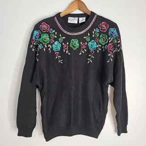 Vintage Womens Midnight Blues Large Knit Sweater Sequins Flowers - Picture 1 of 13