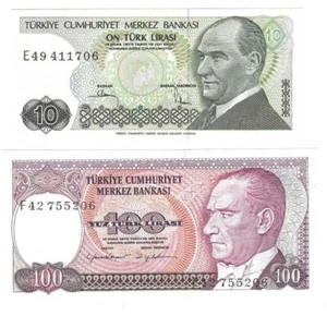 1982-1984 Turkey 10 and 100 Lirasi P193a P194b UNC 2 Notes - Picture 1 of 2