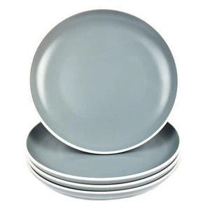Set of 4 Dinner Plates Tableware Round Dishes Solid Grey White Rim Stoneware - Picture 1 of 4