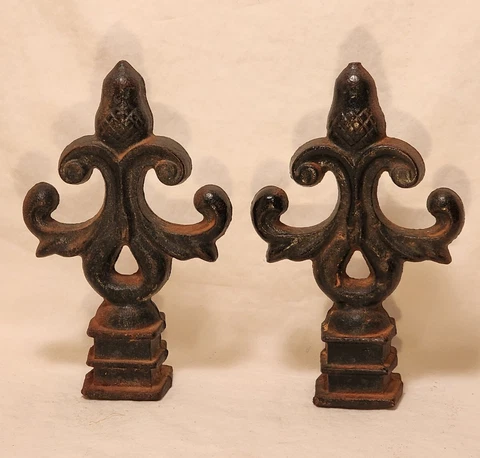 Lot of 2- Vintage Cast / Wrought Iron Fence Post Finial Fleur De Lis  5.75"T Cover