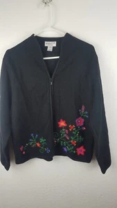 Vintage Pendleton Full Zip Cardigan Womens XL Black Embroidered Flowers Wool A21 - Picture 1 of 5