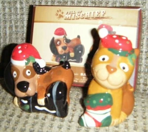 FULL OF MISCHIEF SALT & PEPPER SHAKERS Christmas Cat & Dog Cracker Barrel MIB  - Picture 1 of 1