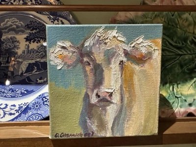 Arte, óleo contemporáneo original, pintura, vaca dulce sobre lienzo, firmado Foto 1 de 4