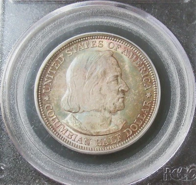 1892 50C Columbian MS63 PCGS CAC Beautiful Rainbow Toning - Image 1 of 4