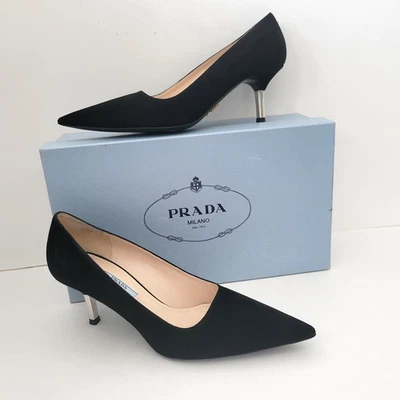 Zapatos de salón PRADA de gamuza negros EE. UU. 6,5, UE 36,5 punta puntiaguda 2,5" tacón plateado Foto 1 de 4
